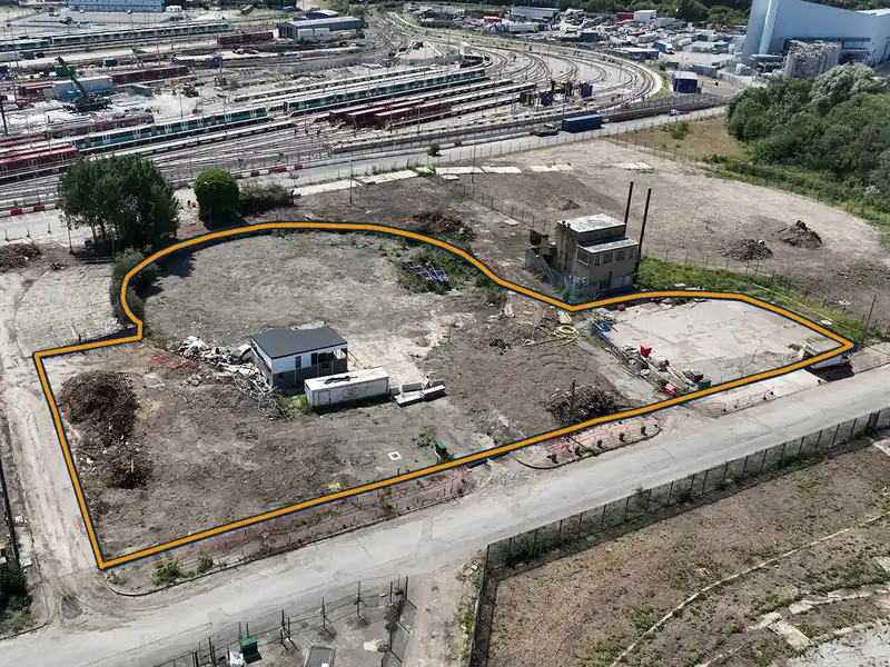 Aerial photo of the 1.19 acre plot at Beckton Gas Works, outlined in orange