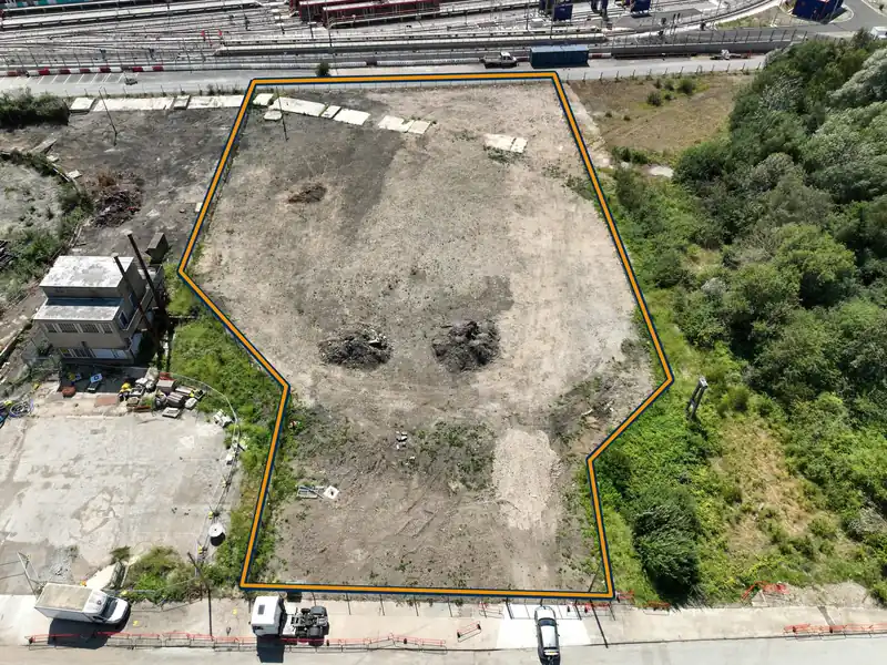 Aerial photo of the 1.36 acre plot at Beckton Gas Works, outlined in orange